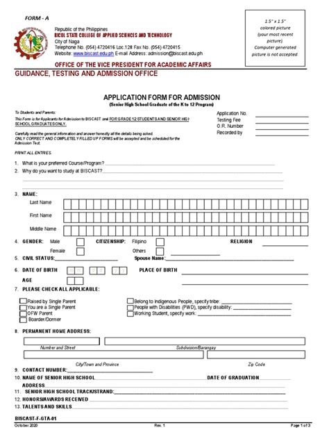 biscast admission|2020 Form 1 Freshmen Revised 1 Application For Admission A.